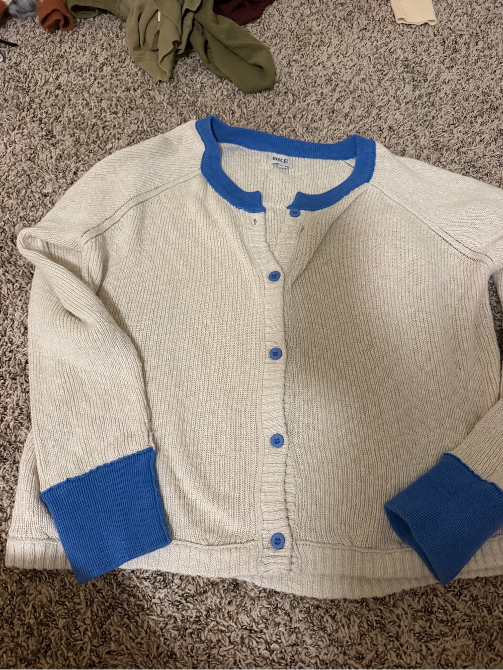 Cream Cardigan Sweater with Blue Trim